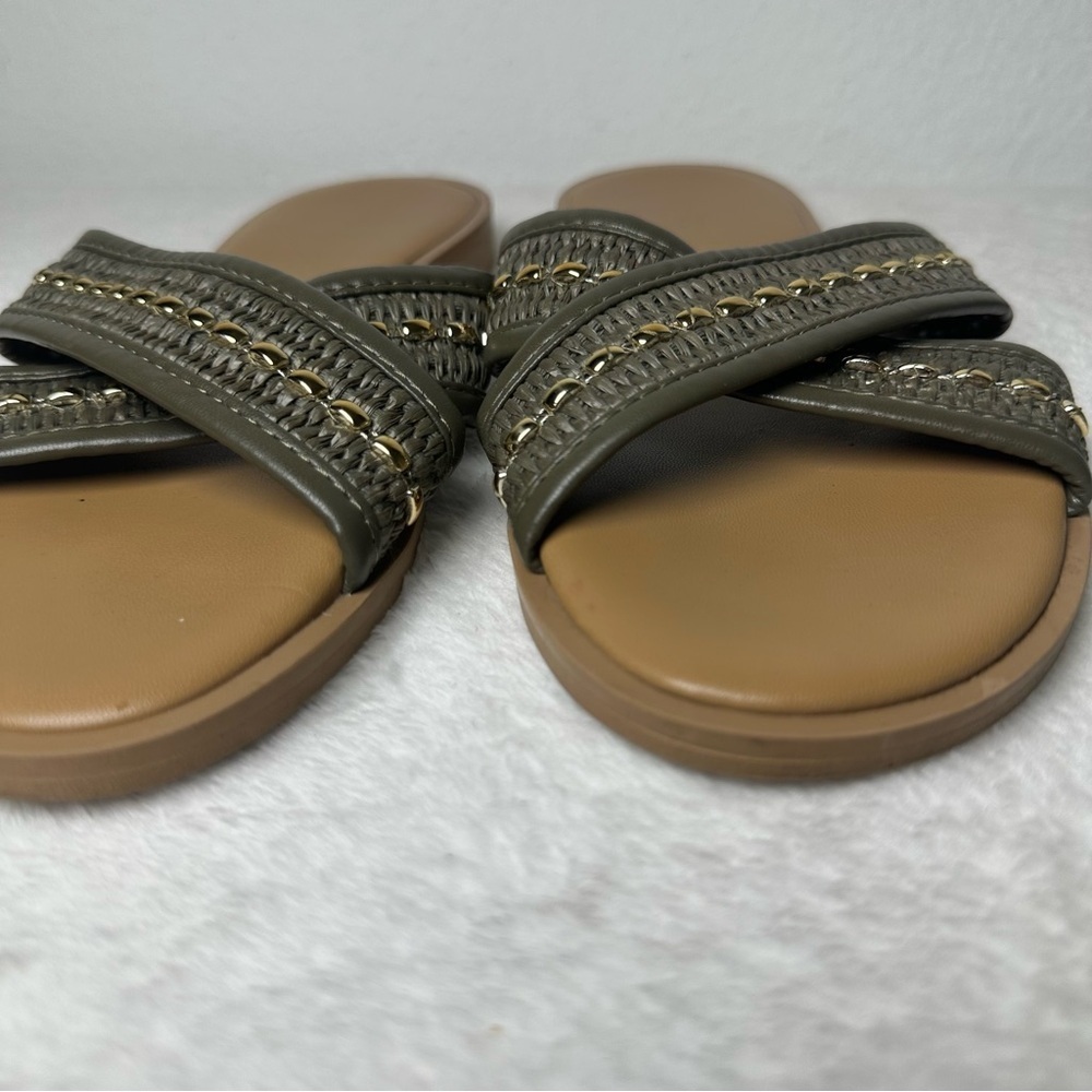 Toscanella Made In Italy Flat Sandals Beaded Army Green Leather Strap Size 8 - Picture 4 of 13